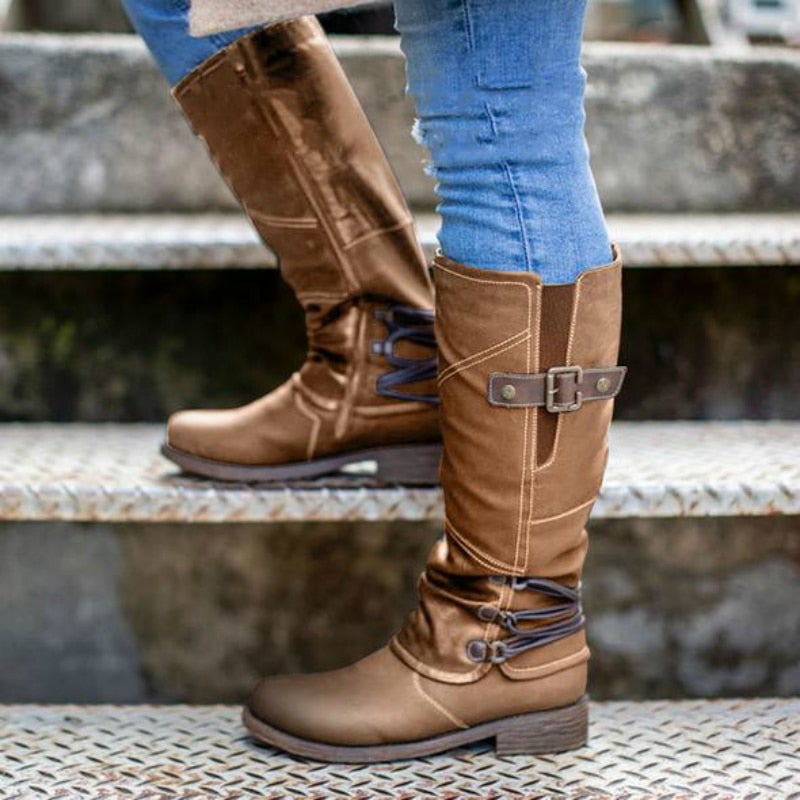 Bottes En Cuir Vintage À Fermeture Éclair Pour Femmes