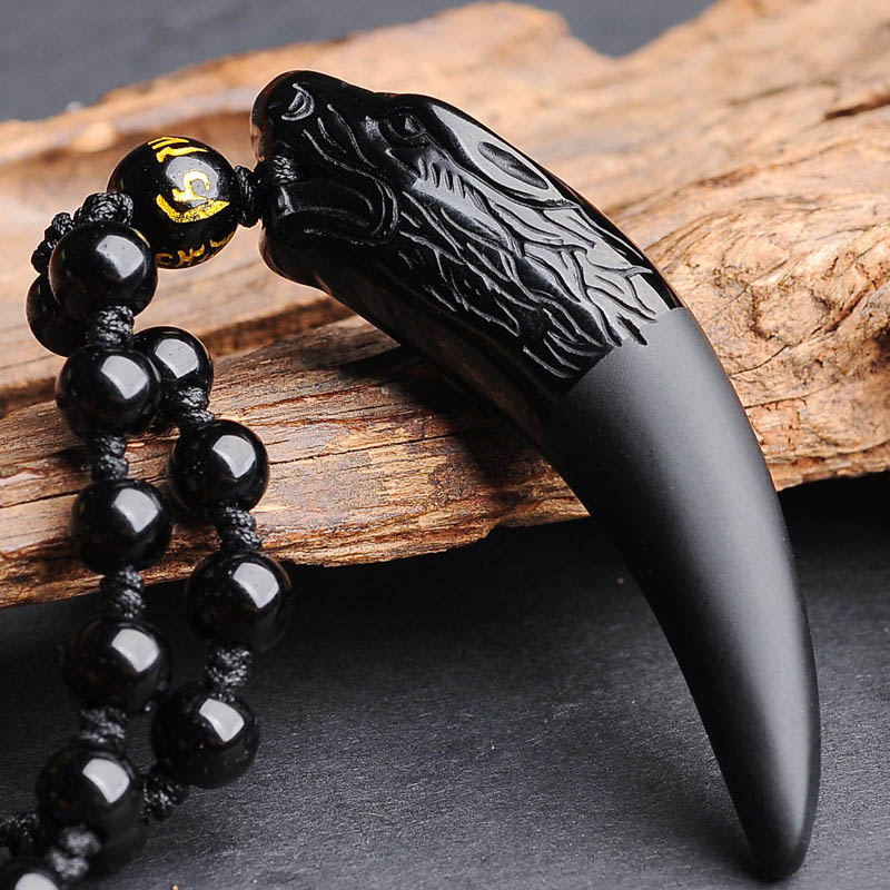 Collier À Pendentif Loup En Obsidienne