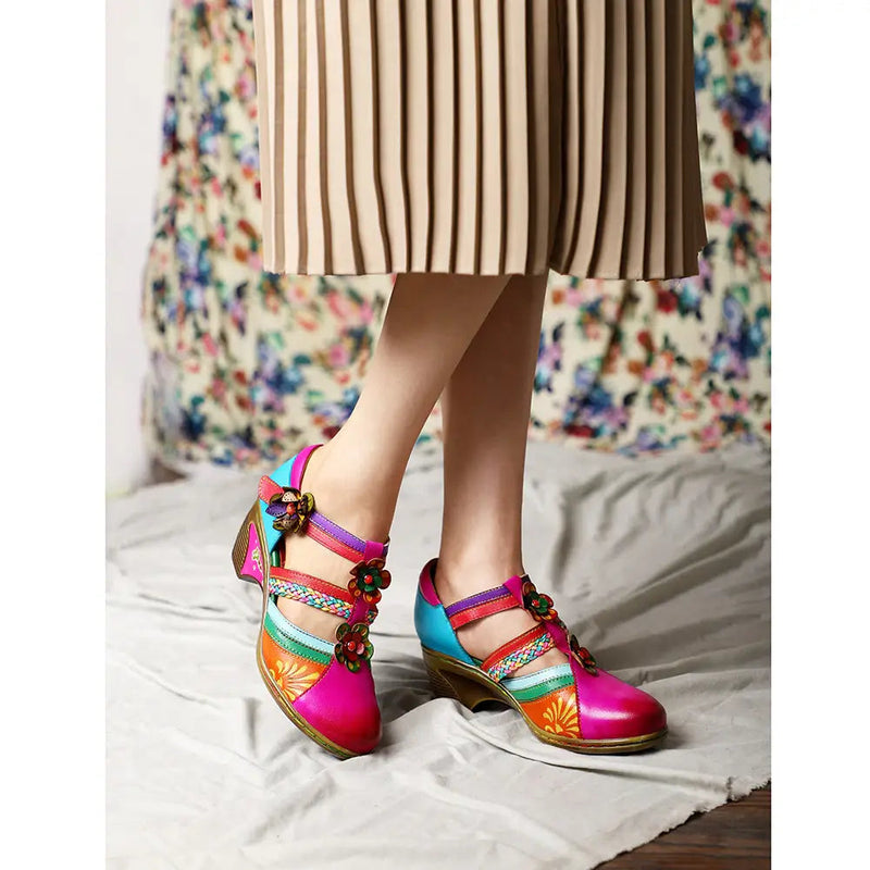 Sandales Rétro Colorées En Cuir