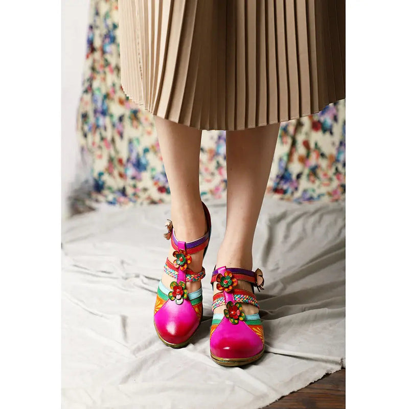 Sandales Rétro Colorées En Cuir