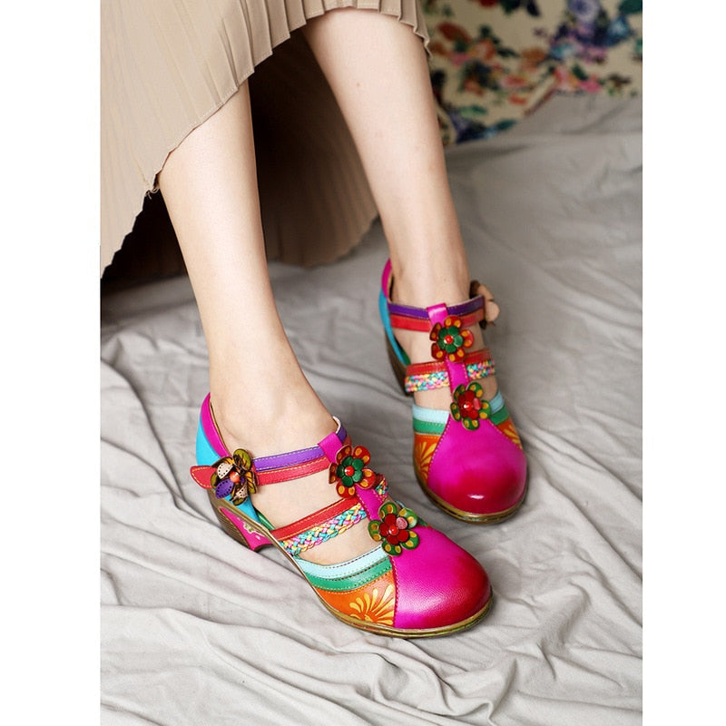 Sandales Rétro Colorées En Cuir
