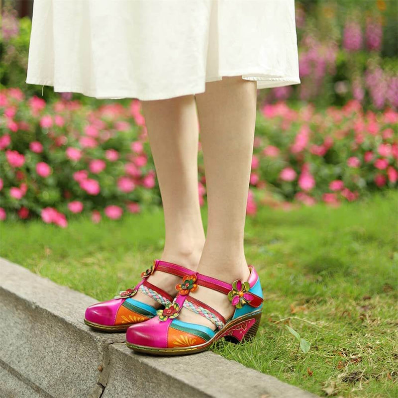 Sandales Rétro Colorées En Cuir