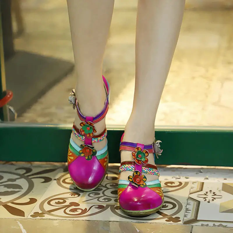 Sandales Rétro Colorées En Cuir