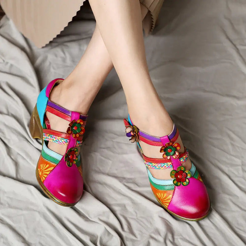 Sandales Rétro Colorées En Cuir